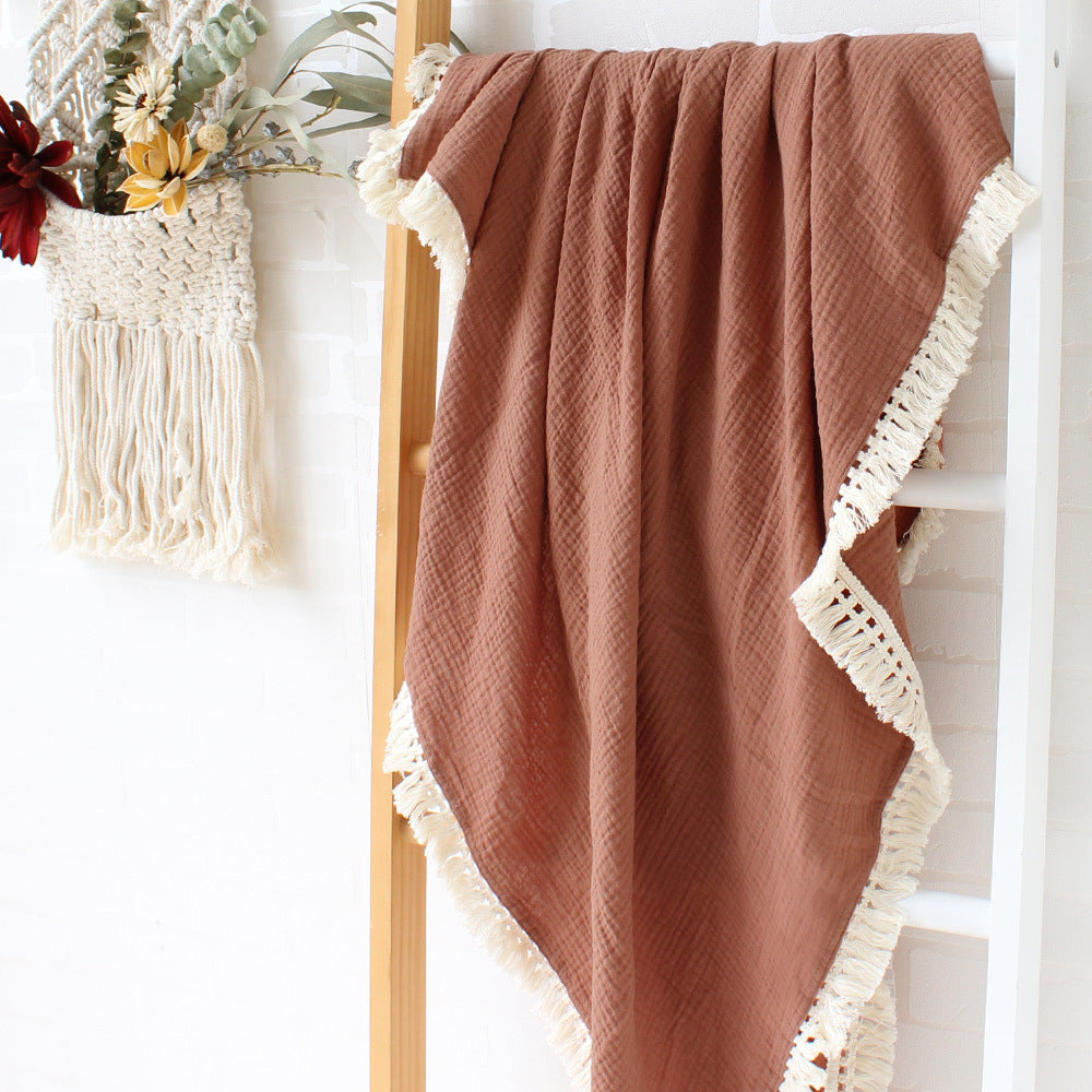 Solid Color Gauze Scarf Cotton Tassel Baby Blanket