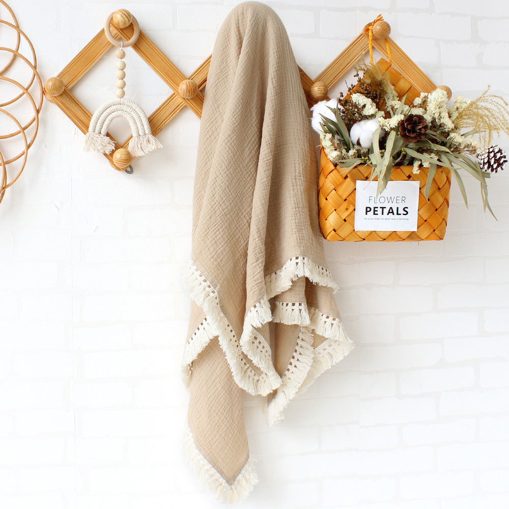Solid Color Gauze Scarf Cotton Tassel Baby Blanket